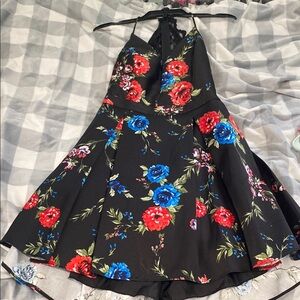 Floral Halter Dress with Red and Blue Flowers
